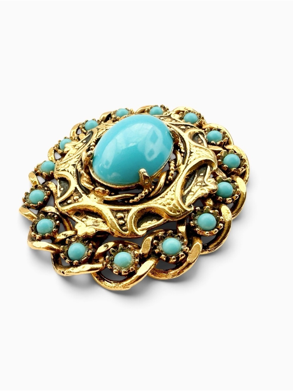 Large Vintage Ornate Goldtone Turquoise Milk Glass Cabochon Rhinestone Brooch - Picture 2 of 7